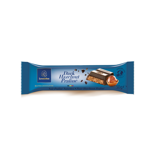 Dark chocolate bar that contains 45% cocoa and is filled with a delicious hazelnut praline.