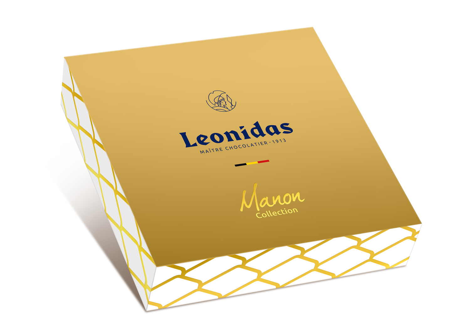 Leonidas chocolate box with 'Manon Collection' on a white background