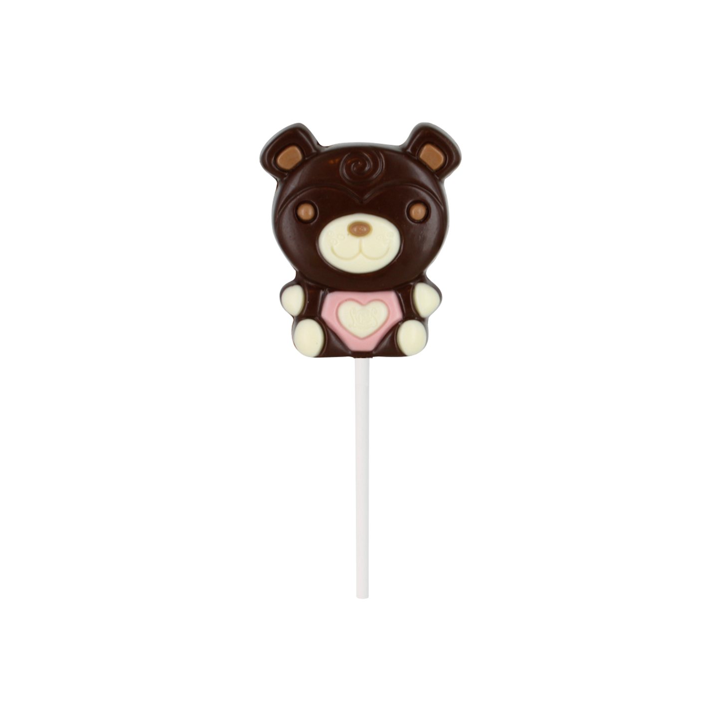 Dark chocolate lollipop shaped like a bear with a heart on a white background