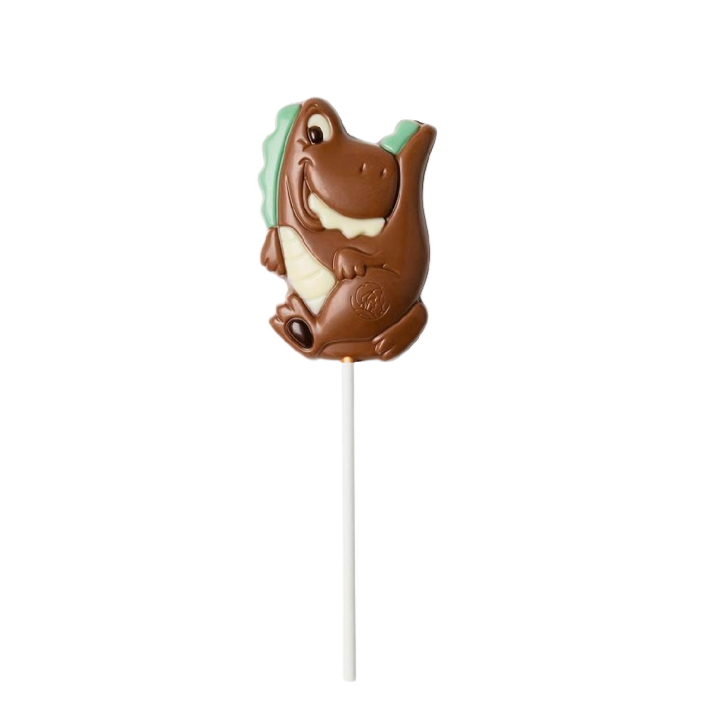 Chocolate dinosaur-shaped lollipop shaped on a white background