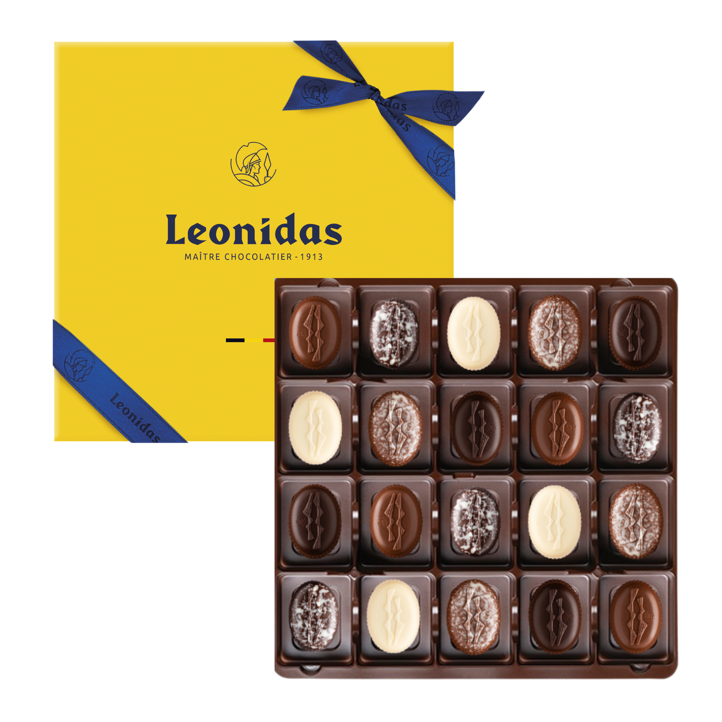 Leonidas chocolate box with a yellow lid and blue ribbon, featuring a a selection of Irresistible chocolates.