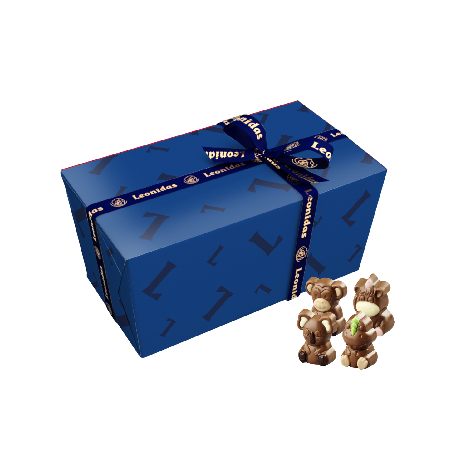 Blue Leonidas chocolate gift box featuring animal chocolates on a white background