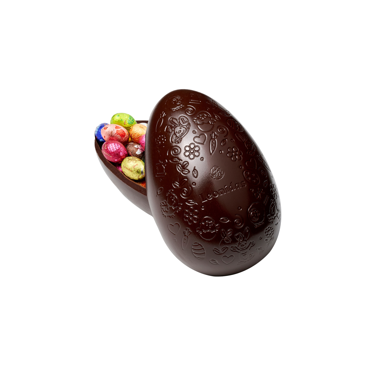 Embossed Leonidas dark chocolate Easter egg opened to reveal an assortment of colourful foil-wrapped mini chocolate eggs.