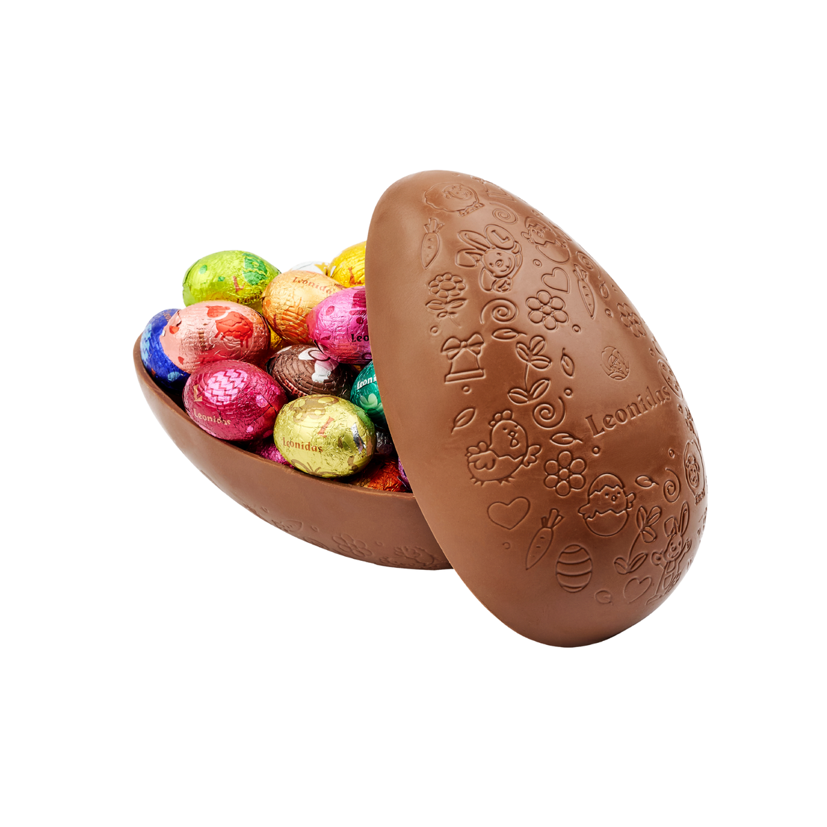 Embossed Leonidas milk chocolate Easter egg shell opened to reveal an assortment of colourful foil-wrapped mini chocolate eggs