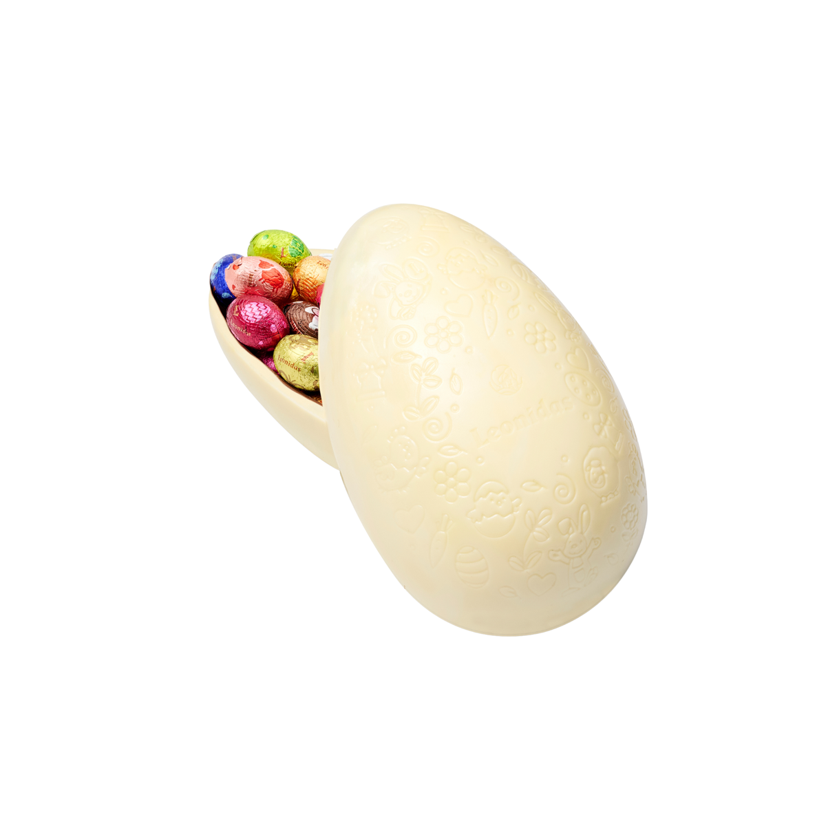 Embossed Leonidas white chocolate Easter egg opened to reveal an assortment of colourful foil-wrapped mini chocolate eggs.