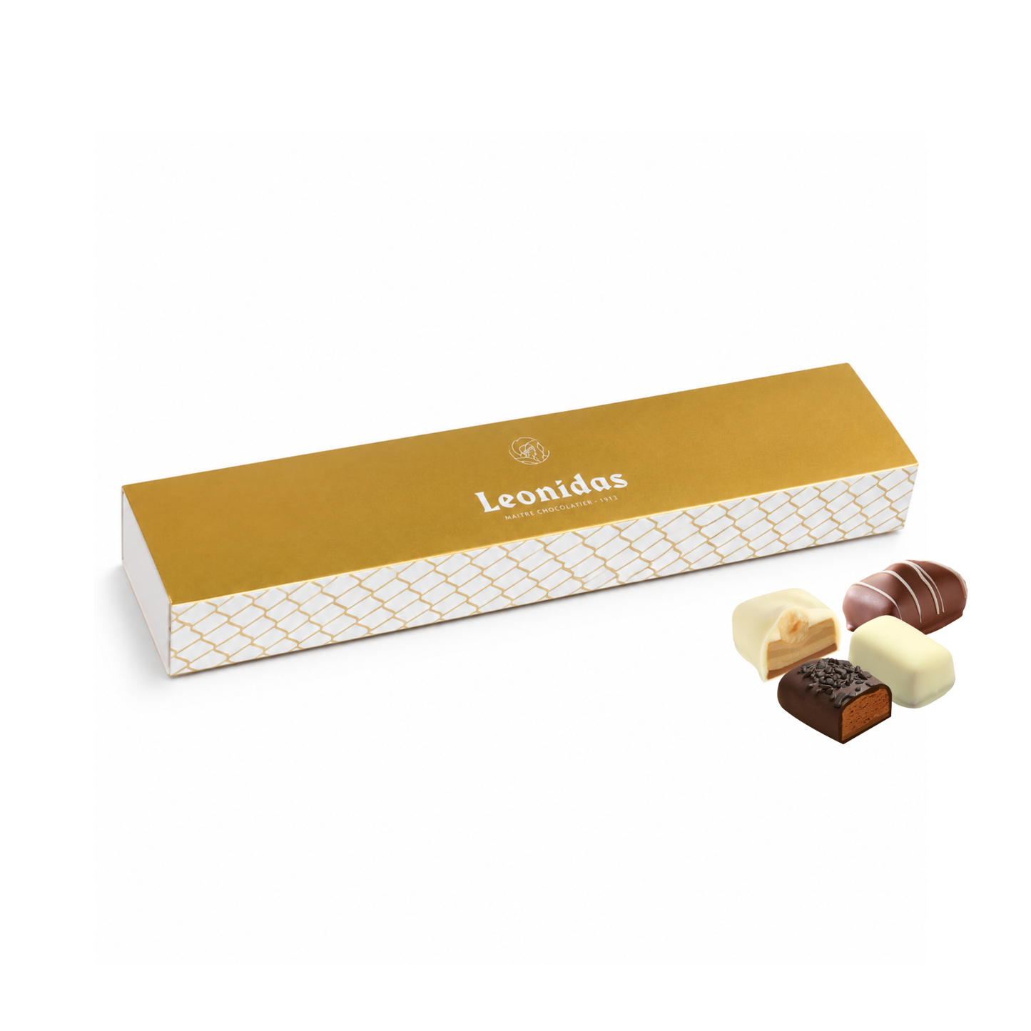 A long rectangular box of Leonidas chocolates with a gold and white patterned lid, shown on a white background with three assorted chocolates placed in front.