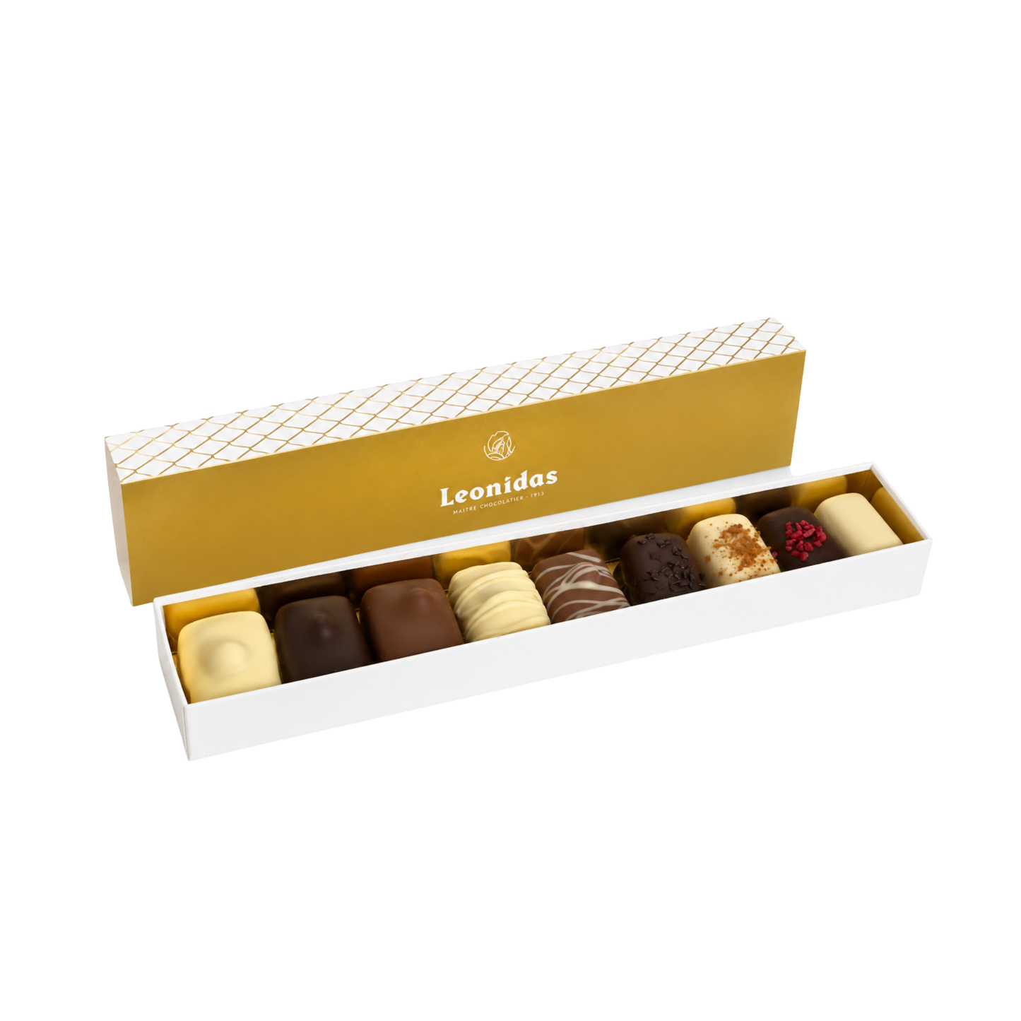 A box of Leonidas chocolates with the gold lid propped open, showing an assortment of milk, dark, and white chocolates inside a white tray on a white background.