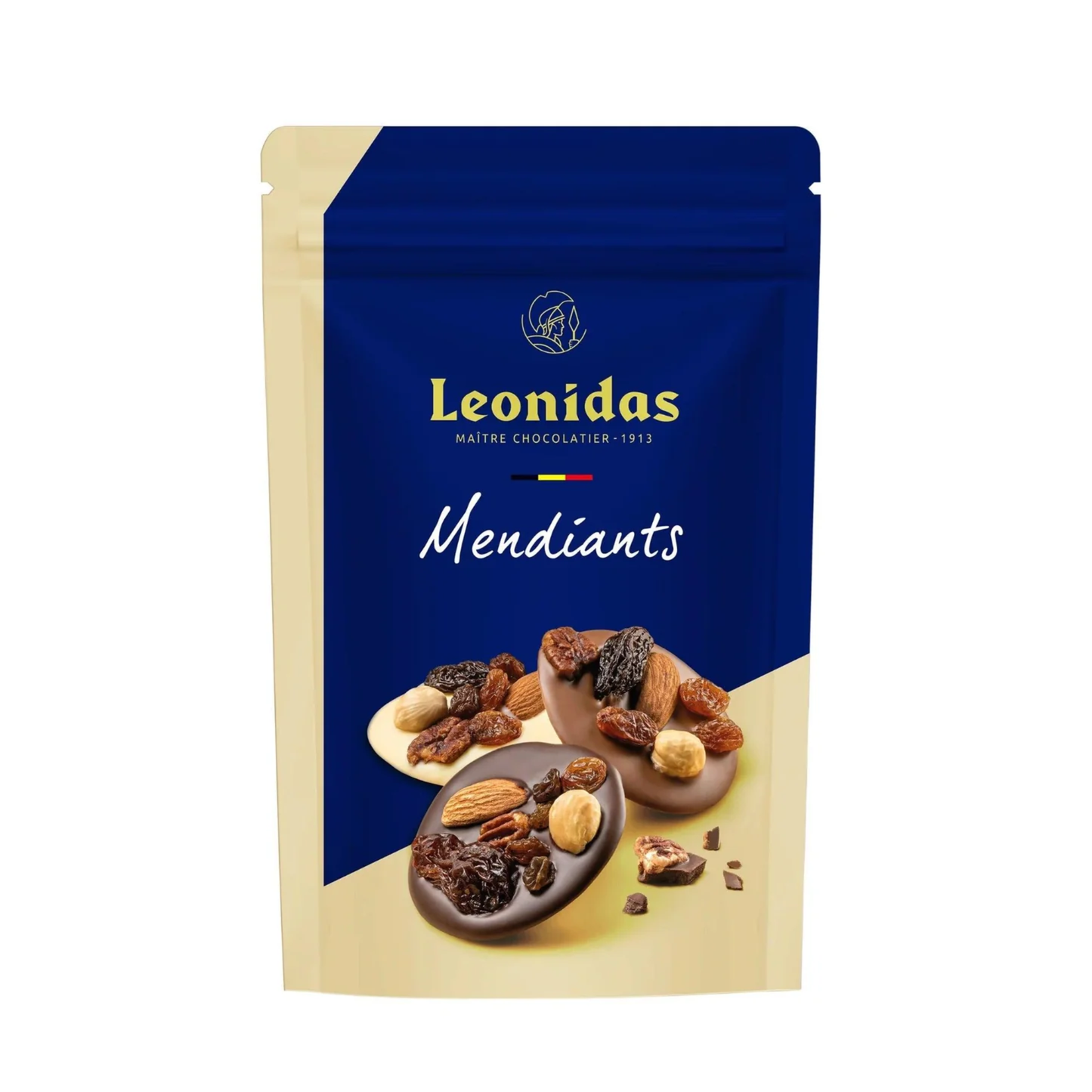 Leonidas Chocolate Pouch with milk, white and dark chocolate discs covered with nuts and fruit