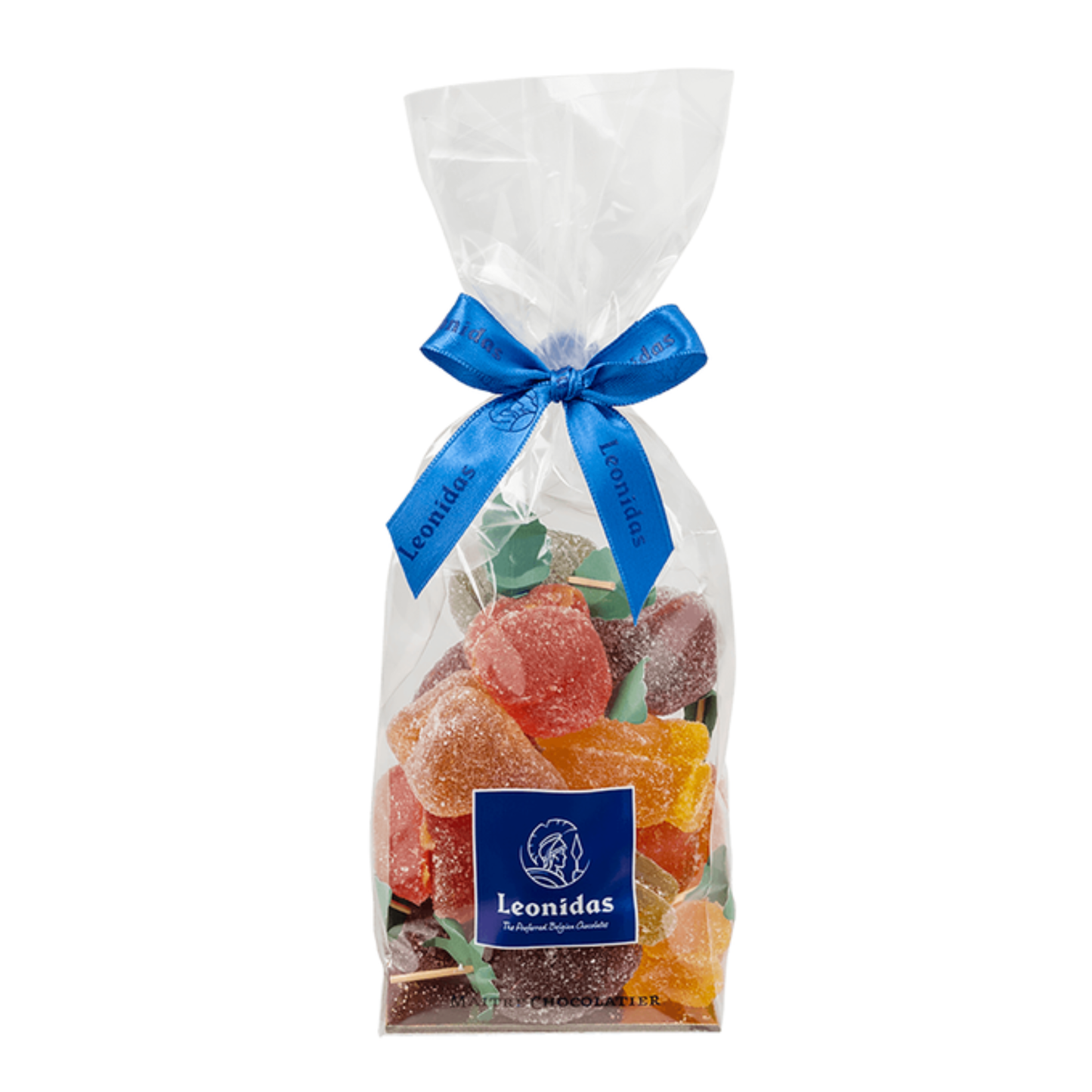 Clear bag of Leonidas jellies with a blue ribbon on a white background