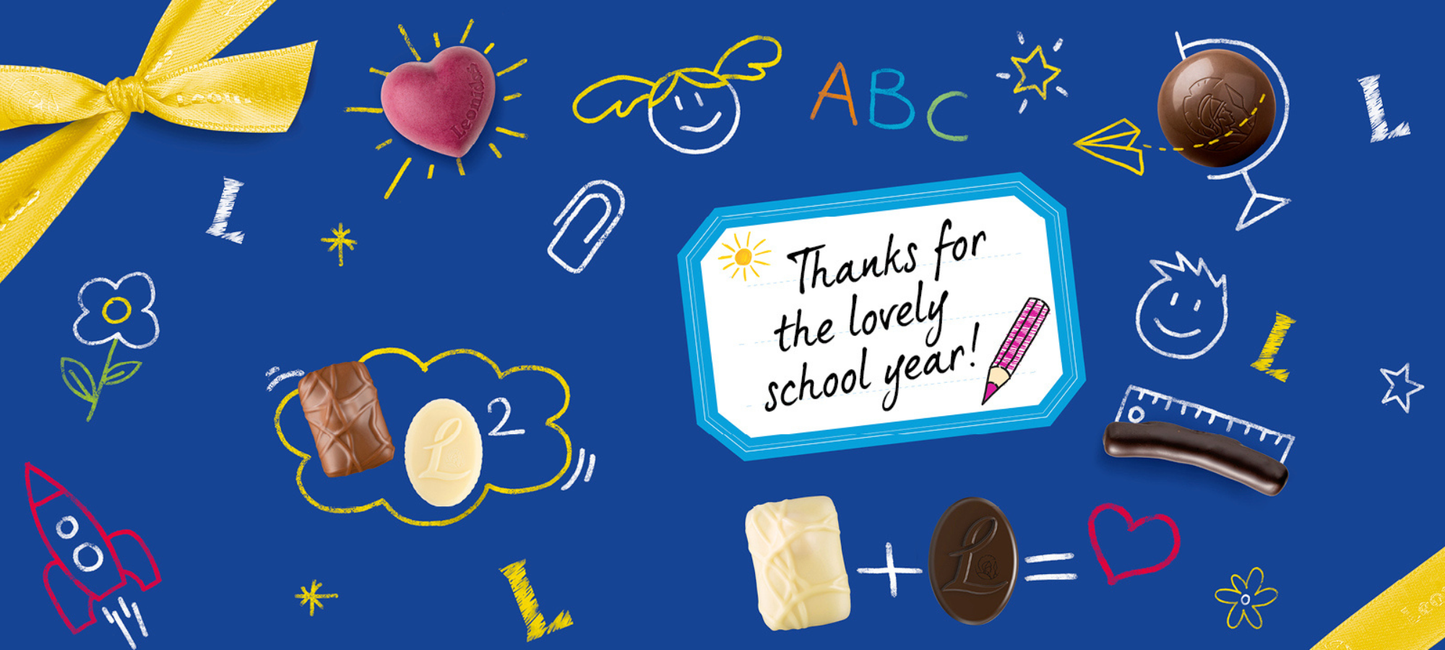 Educational-themed design with text 'Thanks for the lovely school year' on a blue background with various education-themed symbols.