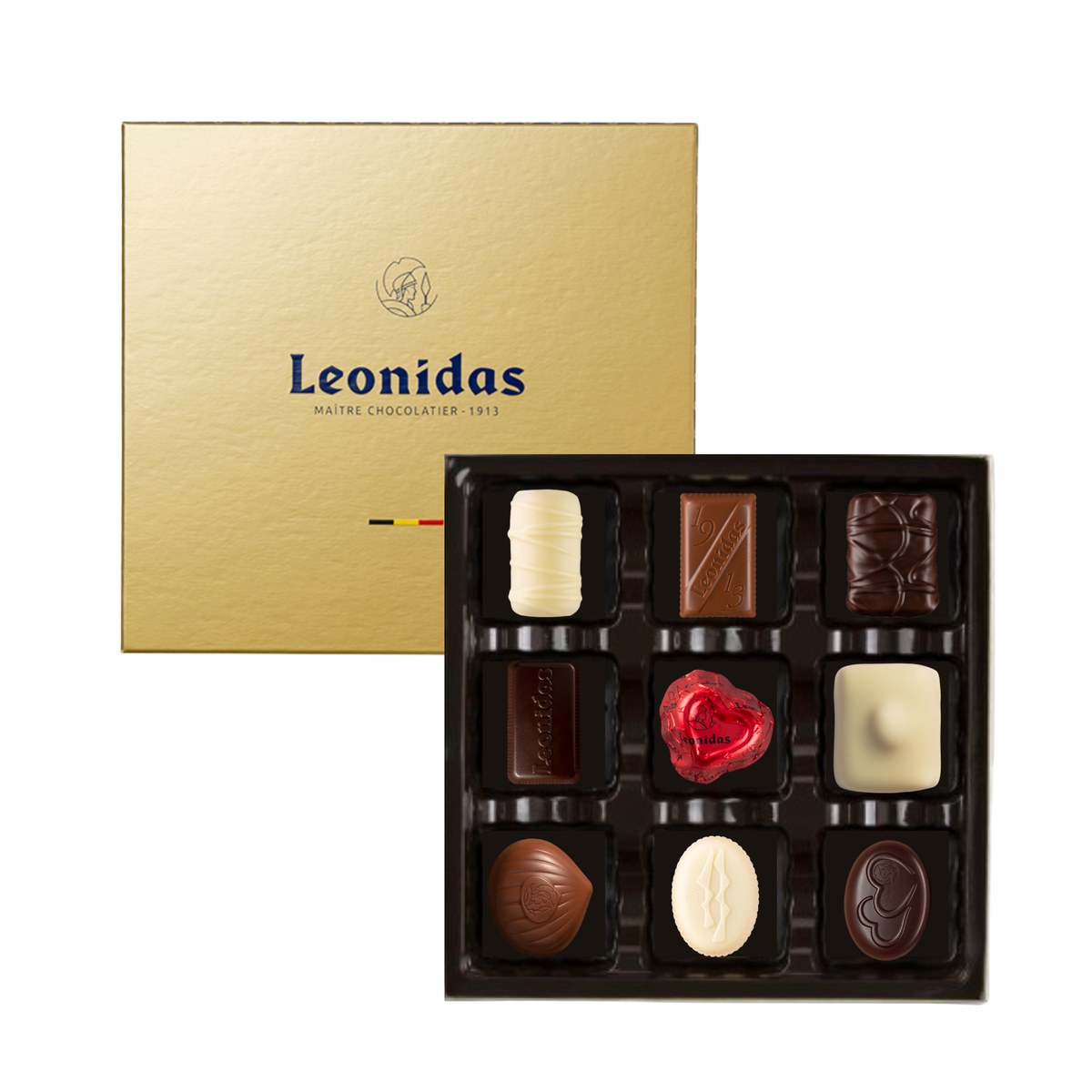 Small Gold Heritage Leonidas box with a variety of chocolates on a white background
