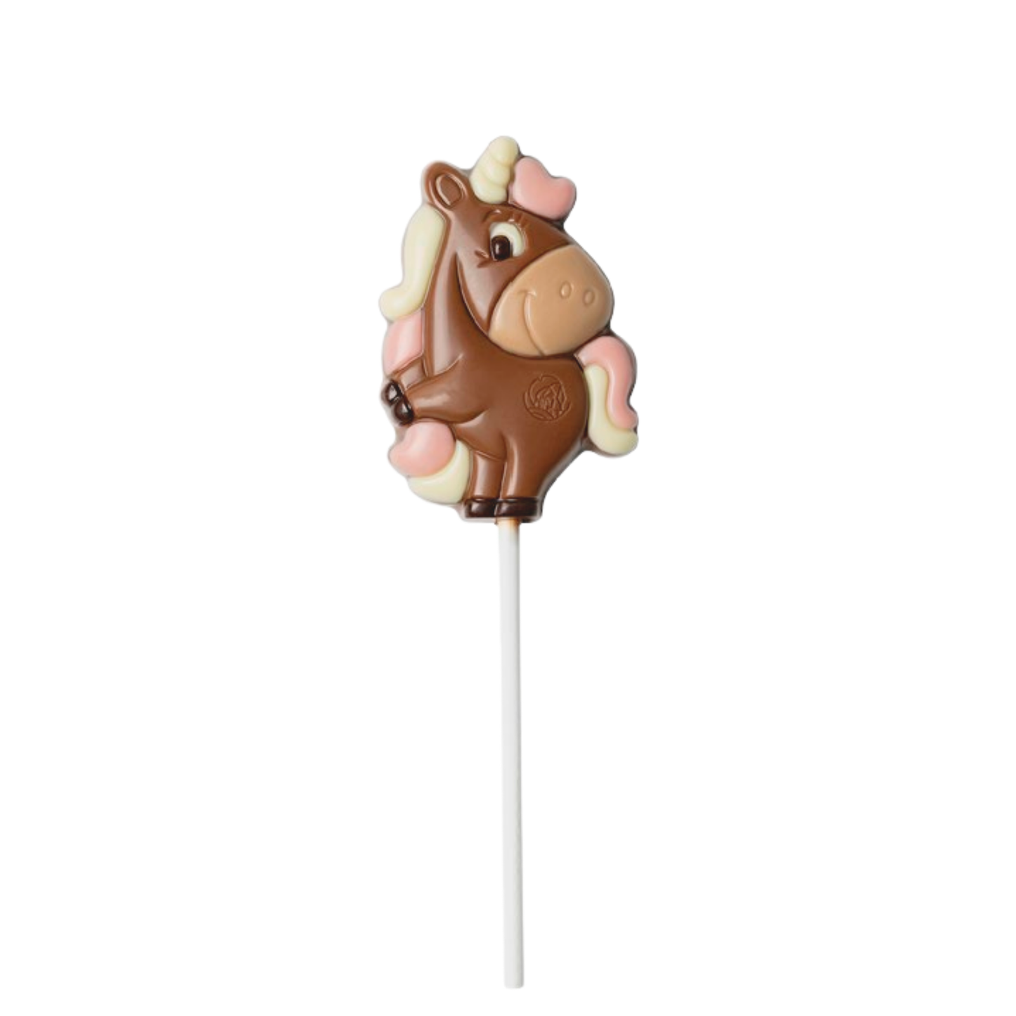 Chocolate unicorn-shaped lollipop on a white background