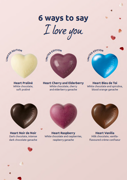 Heart-shaped chocolate candies with flavors and a pink background