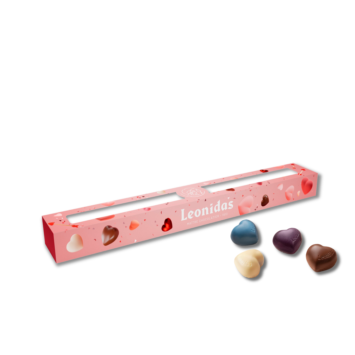 Leonidas chocolate tube box with heart designs on a white background