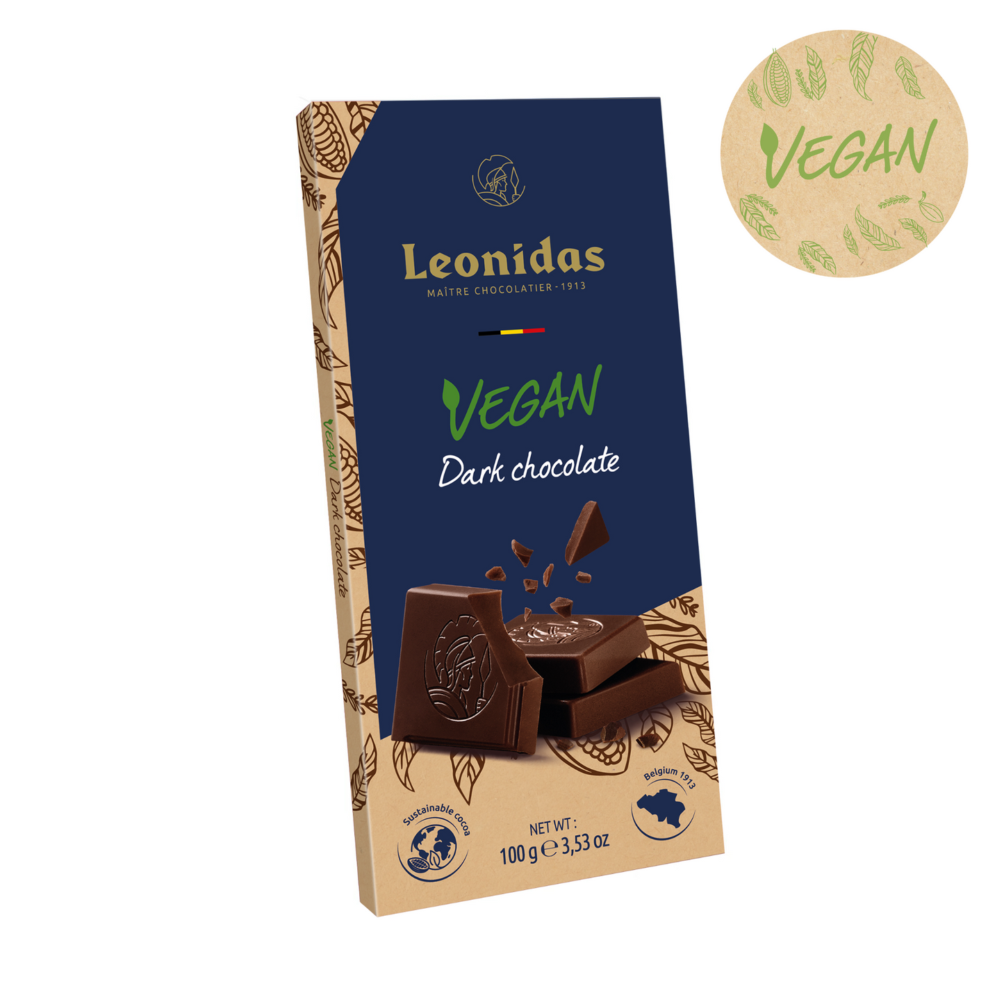 Leonidas vegan dark chocolate packaging on a white background