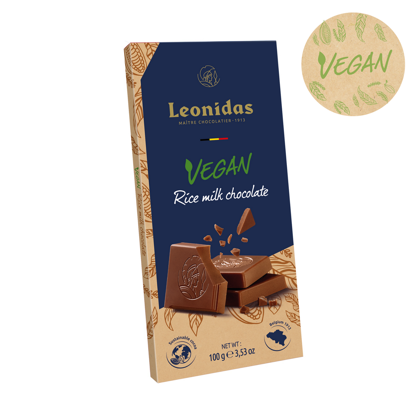 Leonidas vegan rice milk chocolate packaging on a white background
