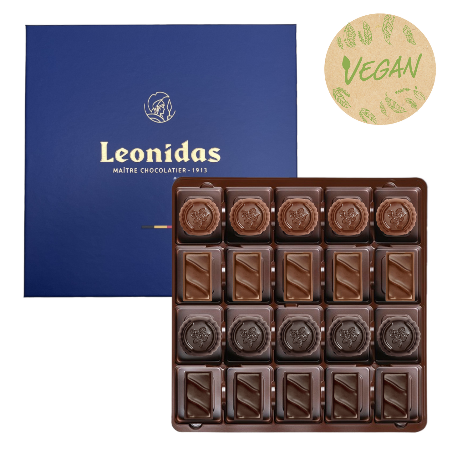 Leonidas chocolate tray with a blue box and 'Vegan' label on a white background