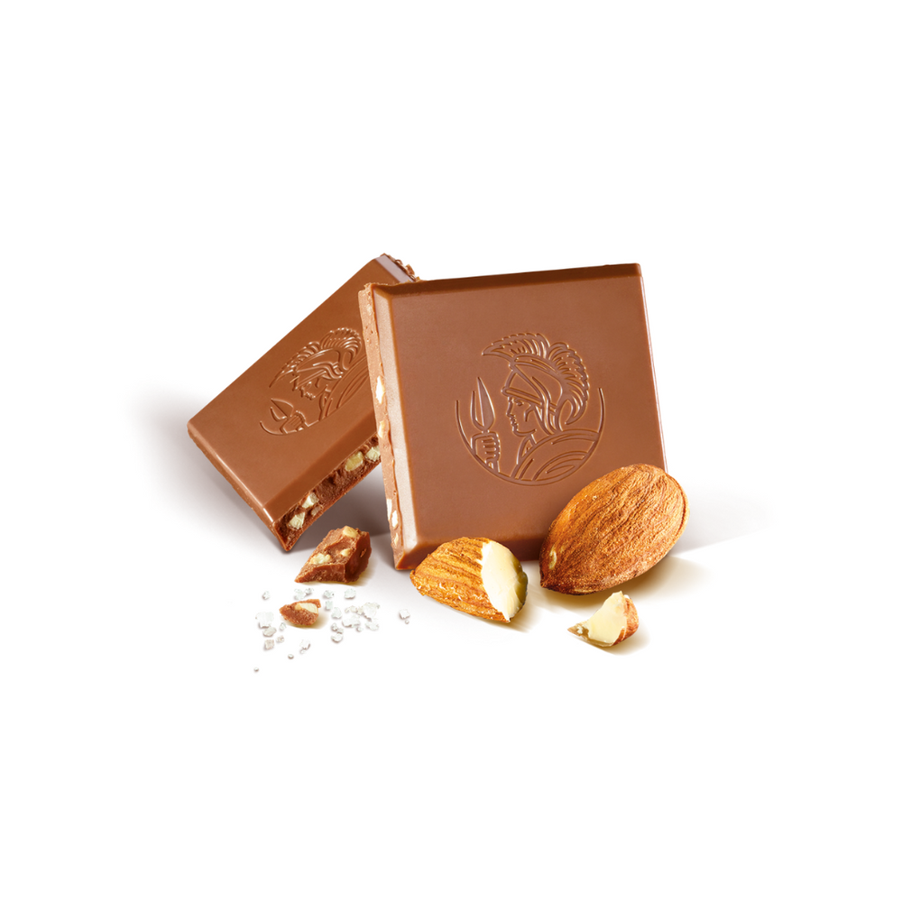 
            
                Load image into Gallery viewer, Leonidas milk chocolate bar with pieces of almond and sea salt.
            
        