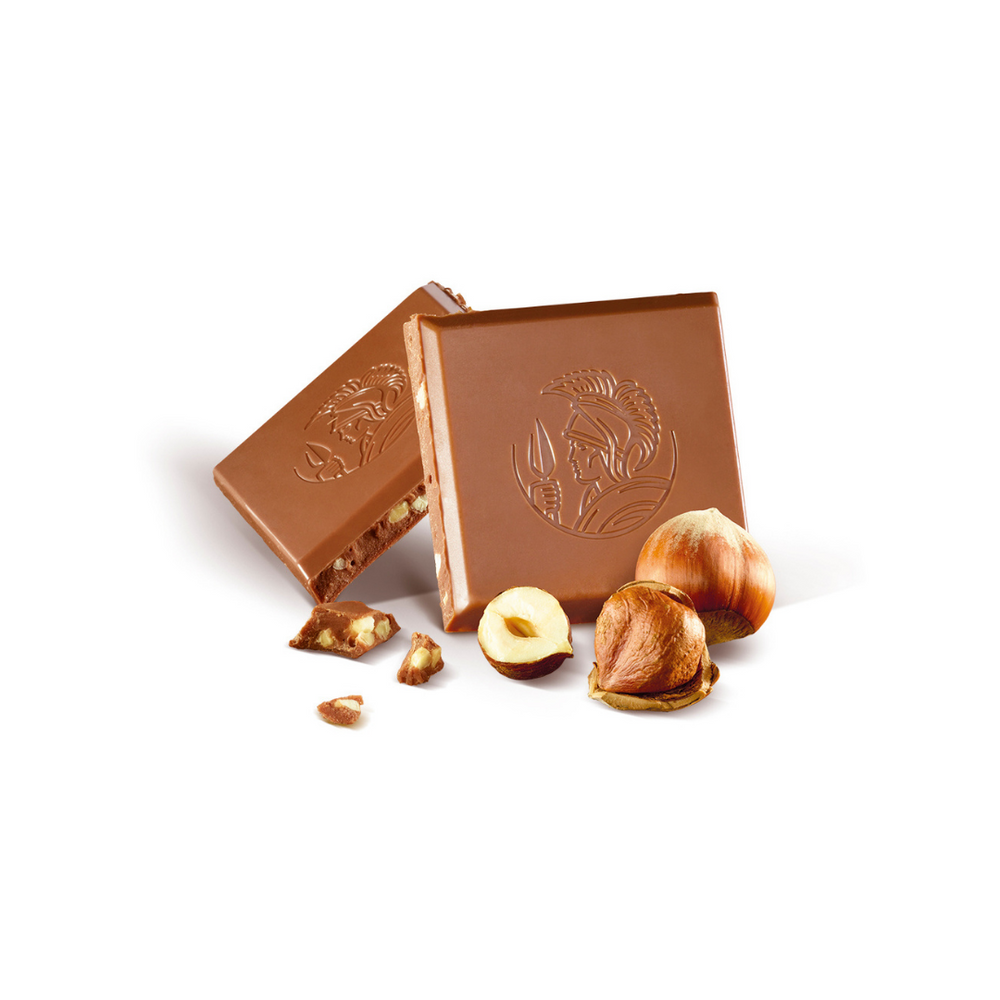 Leonidas milk chocolate bar with pieces of hazelnut.