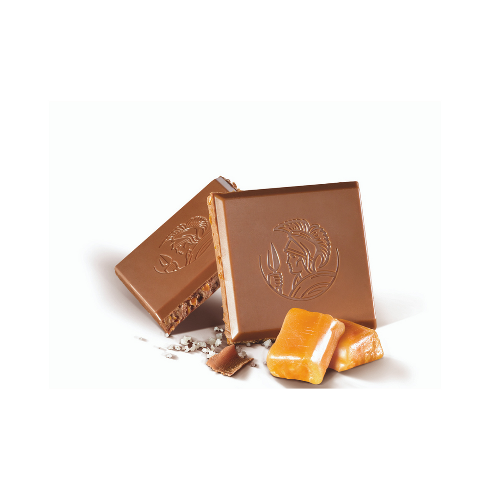 Leonidas milk chocolate bar with pieces of salted caramel.