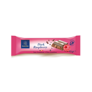 45% cocoa dark chocolate bar with added raspberry pieces for a delicious fruity flavour combination.