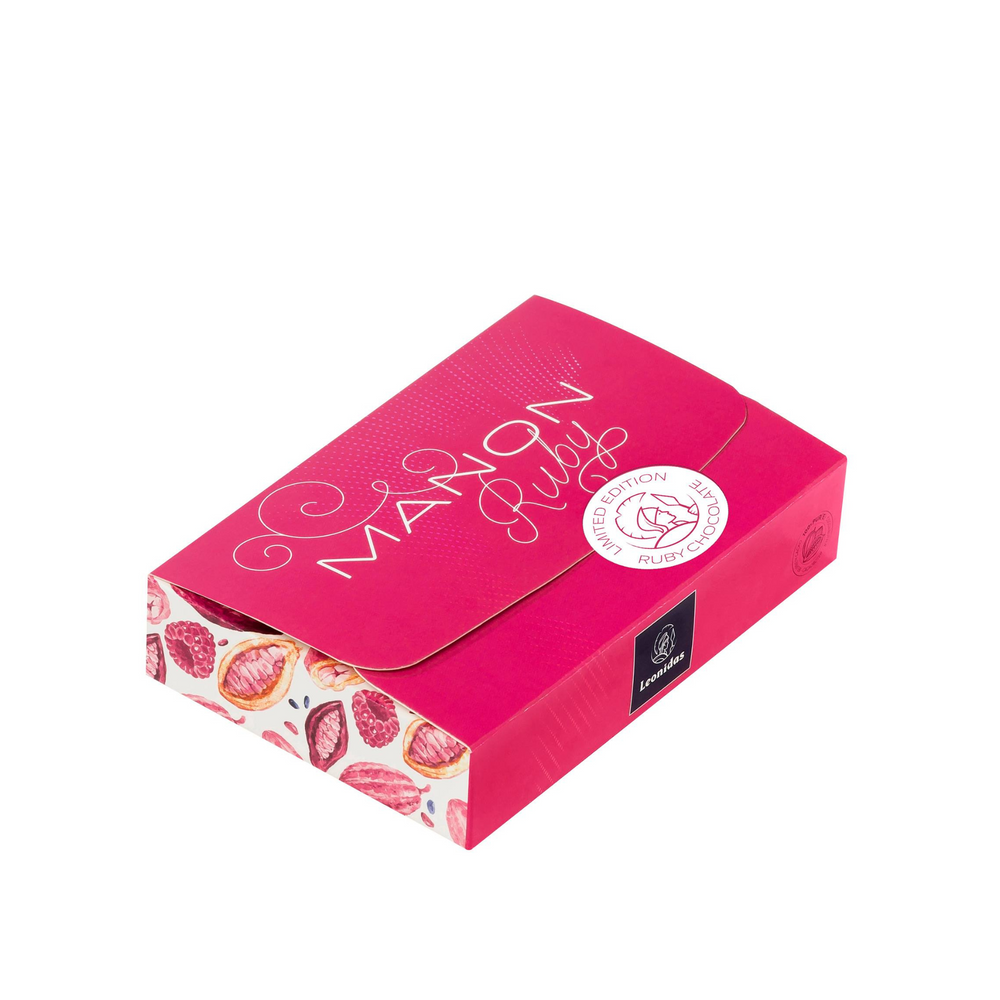 Gift box which contains Manon Ruby chocolates with raspberry buttercream, a thin layer of praline and small pieces of raspberries.
