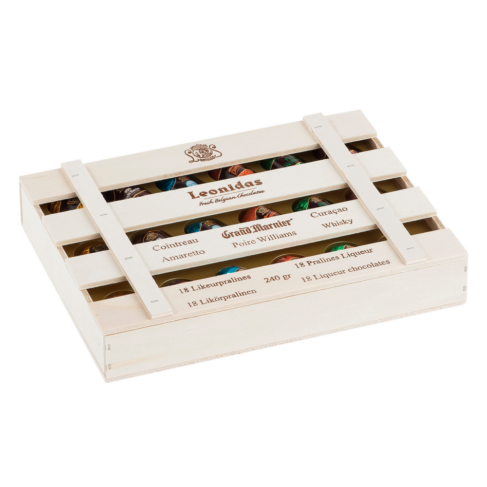 Leonidas wooden box with a selection of 18 dark chocolates filled with pure liqueur, including authentic Amaretto, Cointreau, Curaçao, Limoncello, Poire Williams and Whiskey.