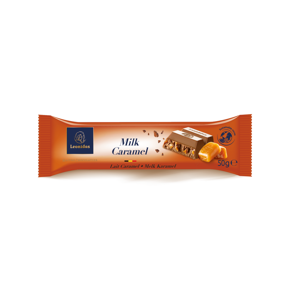 Leonidas Milk chocolate (30% cocoa) bar with pieces of caramel.