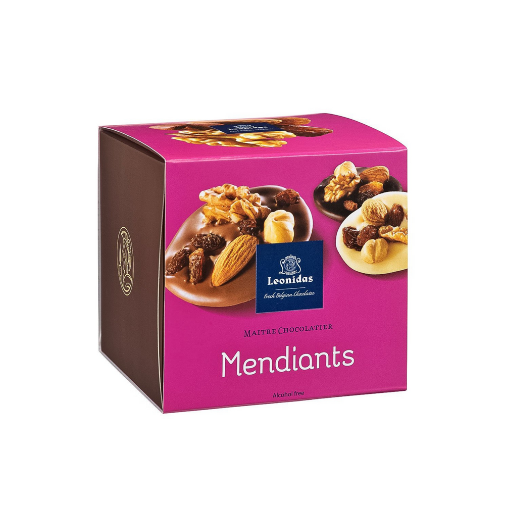 This cube contains a selection of Leonidas milk, white or dark chocolate mendiants topped with scrumptious dried fruits and nuts.