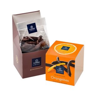 
            
                Load image into Gallery viewer, This cube of Orangettes contains candied orange peel strips generously coated in rich Leonidas dark chocolate, providing a truly scrumptious treat.
            
        