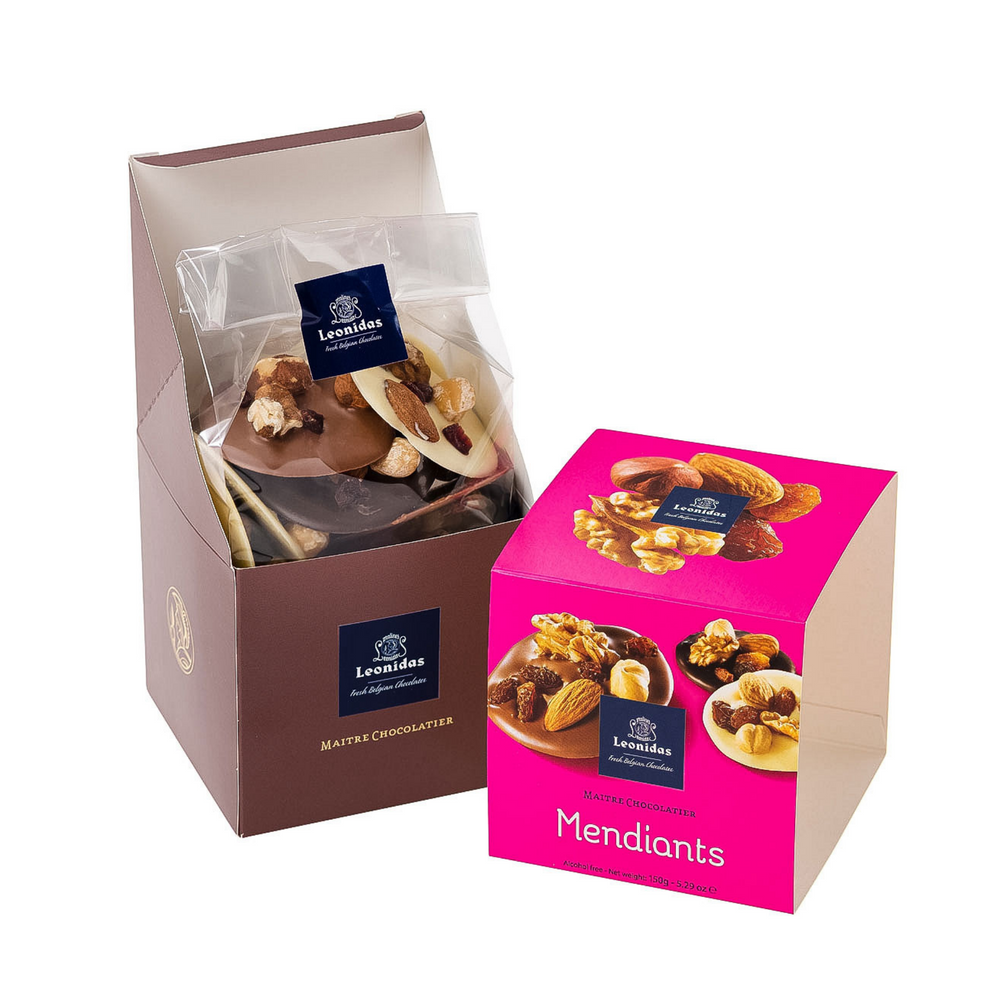This cube contains a selection of Leonidas milk, white or dark chocolate mendiants topped with scrumptious dried fruits and nuts.