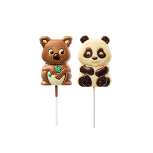 Milk chocolate lollipop in the shape of a koala bear or white chocolate lollipop in the shape of a panda bear are the perfect treat for kids.