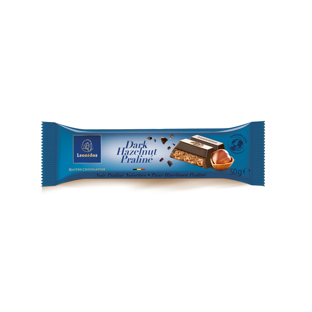 Dark chocolate bar that contains 45% cocoa and is filled with a delicious hazelnut praline.