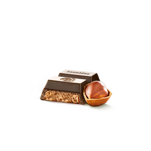 Dark chocolate bar that contains 45% cocoa and is filled with a delicious hazelnut praline.