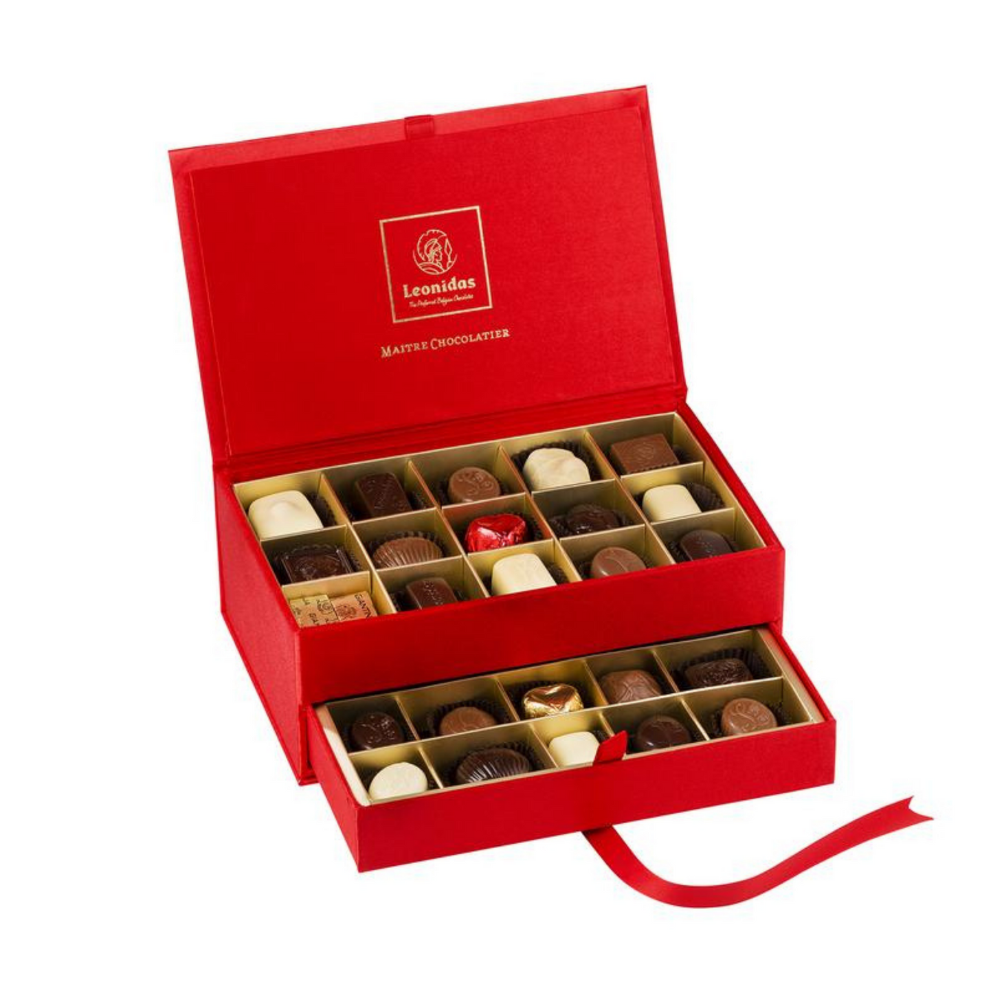 A luxurious gift box that is perfect for any occasion and reflects the beautiful Belgian chocolate tradition.  Discover 31 Leonidas chocolates made with 100% pure cocoa butter, nestling like jewels in this unique red gift box. 