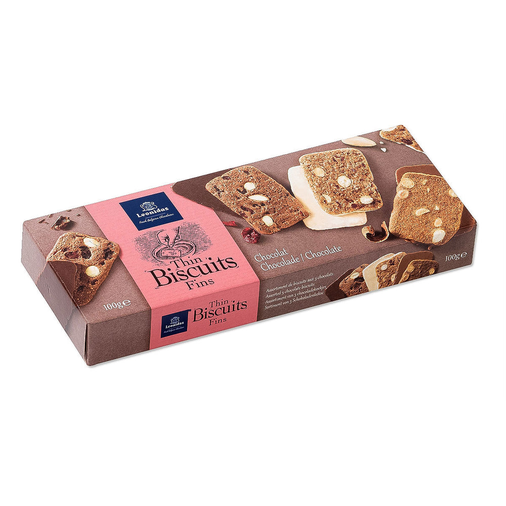 milk chocolate-covered thin biscuits topped with almonds, dark chocolate-coated almond and cherry biscuits, and a Manon Café-inspired white chocolate-dipped biscuit containing almonds and cranberries.